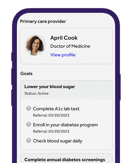 A screenshot of the Teladoc Health app displaying a user's goals, including to lower blood sugar and complete an A1c lab test.