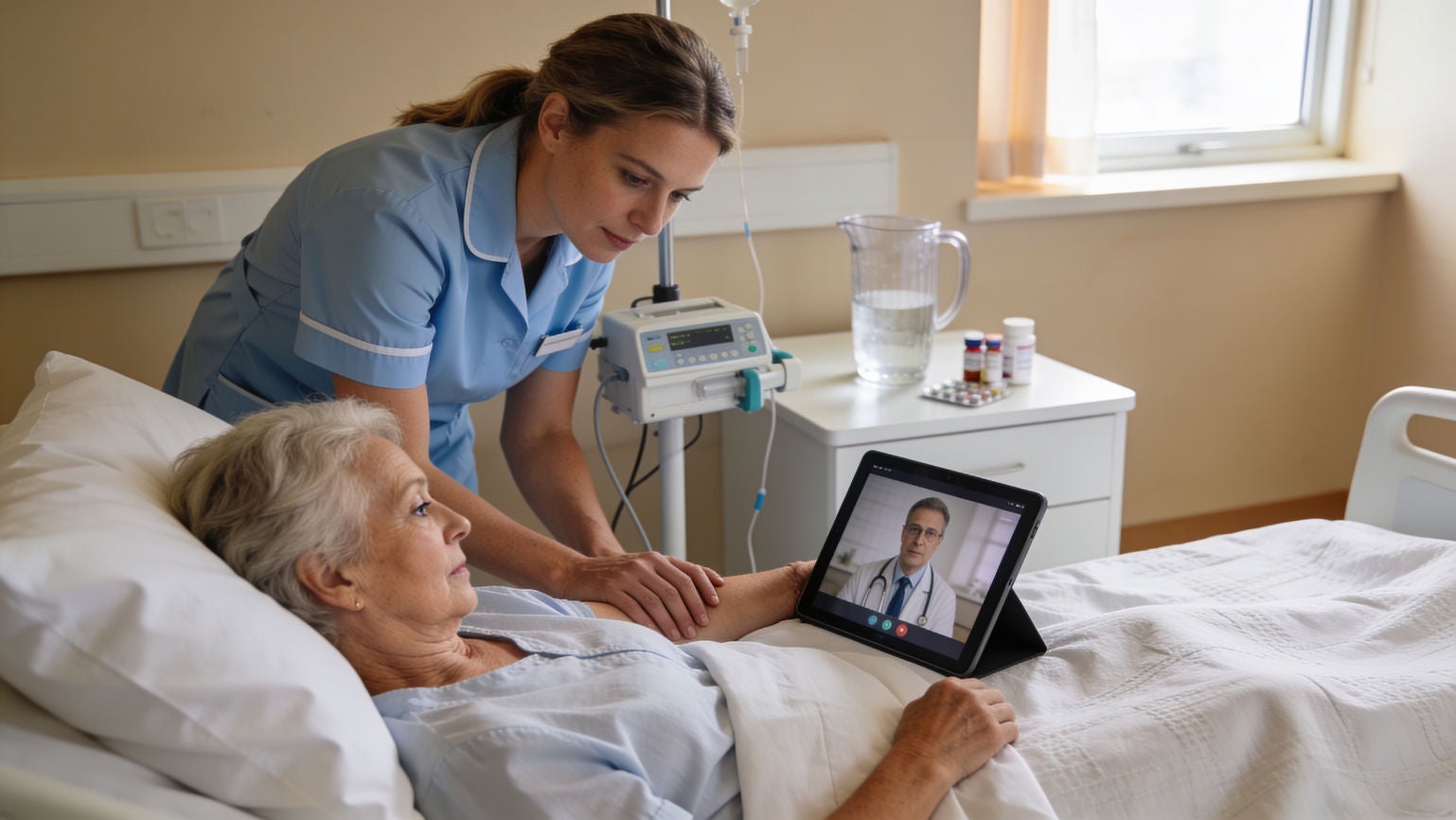 Nurse at a patient's bedside during a video consultation with a doctor on a tablet