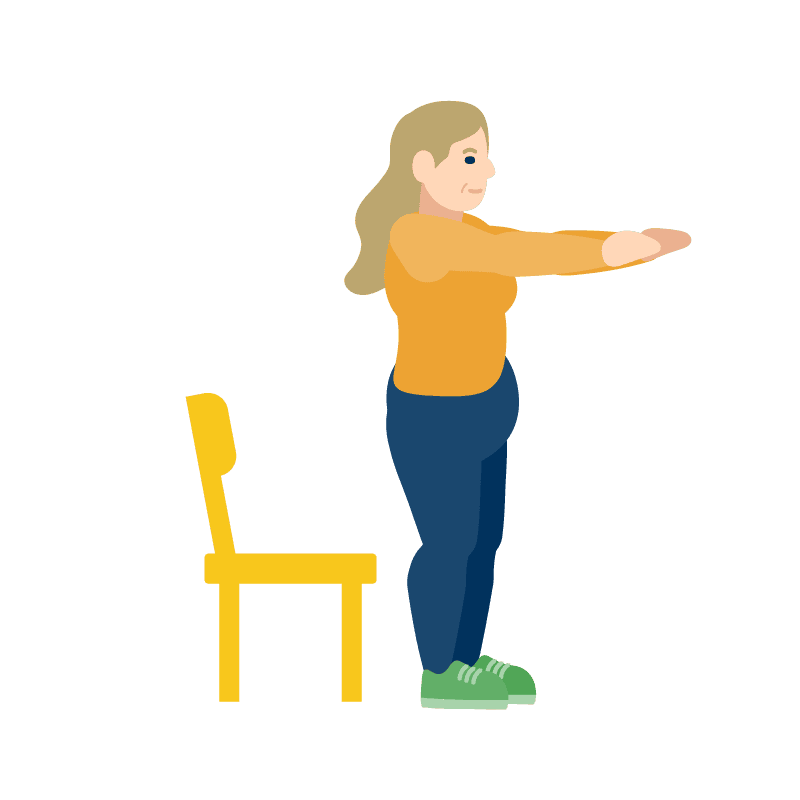 Ilustración de una mujer de pie frente a una silla, con los brazos extendidos al frente, en posición inicial para hacer sentadillas.