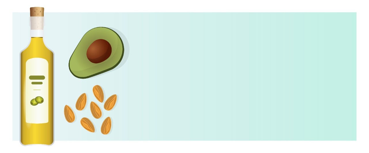 An illustration featuring a bottle of olive oil, an avocado, and several almonds arranged on a light blue background.