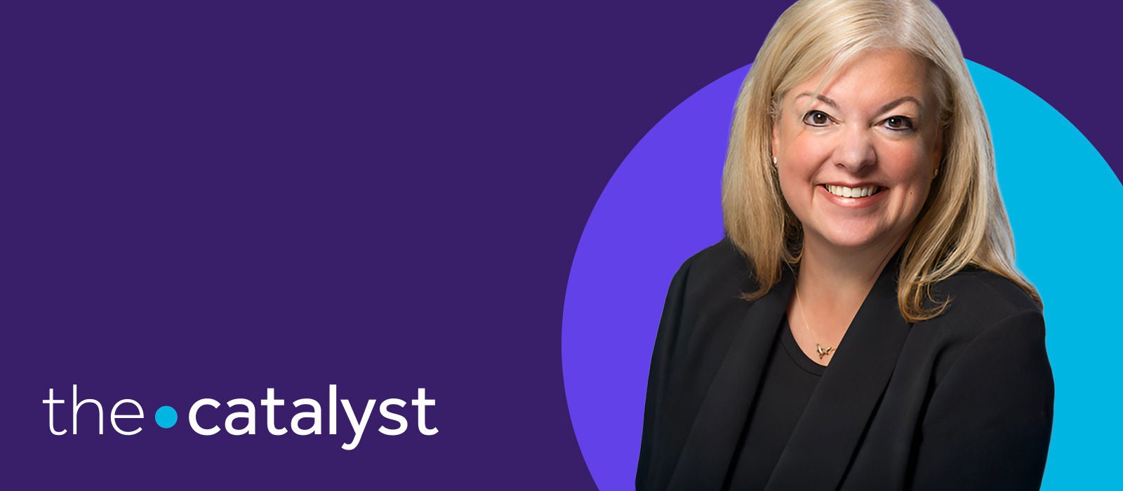 Kristen Moody wearing a dark blazer with a vibrant purple and blue background.