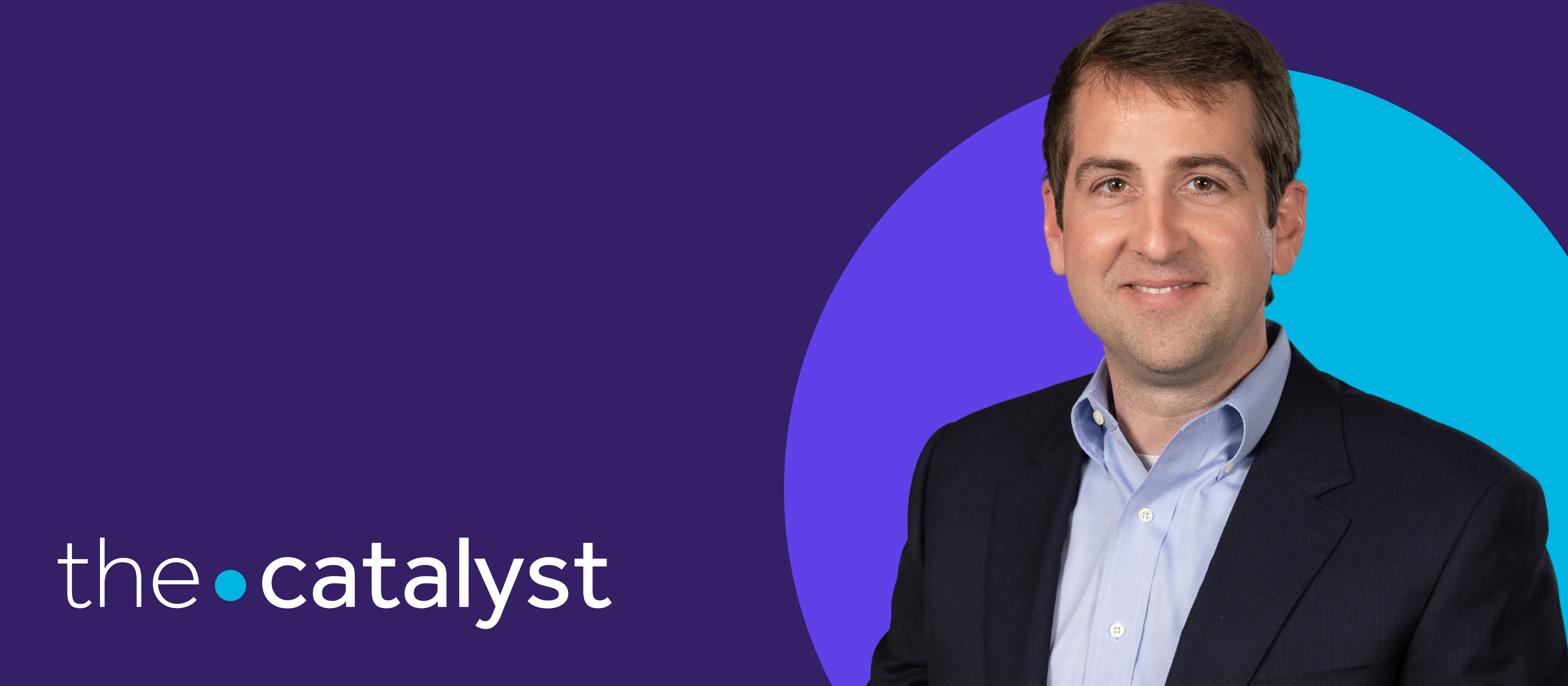 Hunter Sinclair portrait with plum and aqua background and the words "the catalyst"