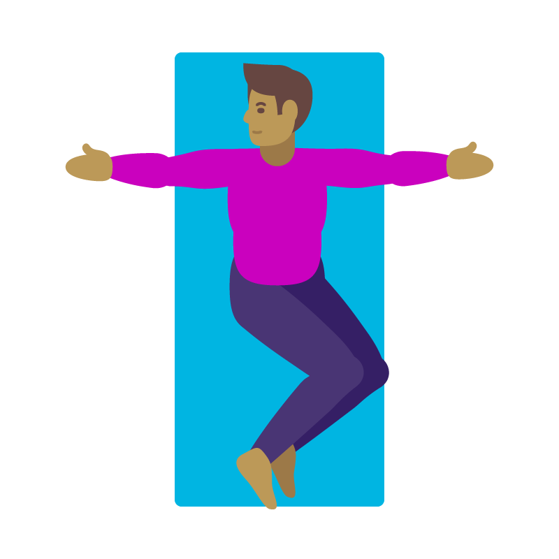  Illustration of a person performing a supine twist on a yoga mat with arms outstretched to the side knees bend and laid to one side.