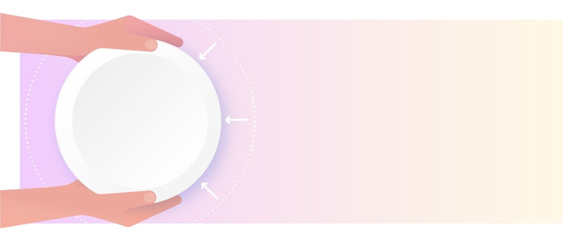 Hands hold a white plate on a gradient light purple and beige background with arrows pointing towards the plate.