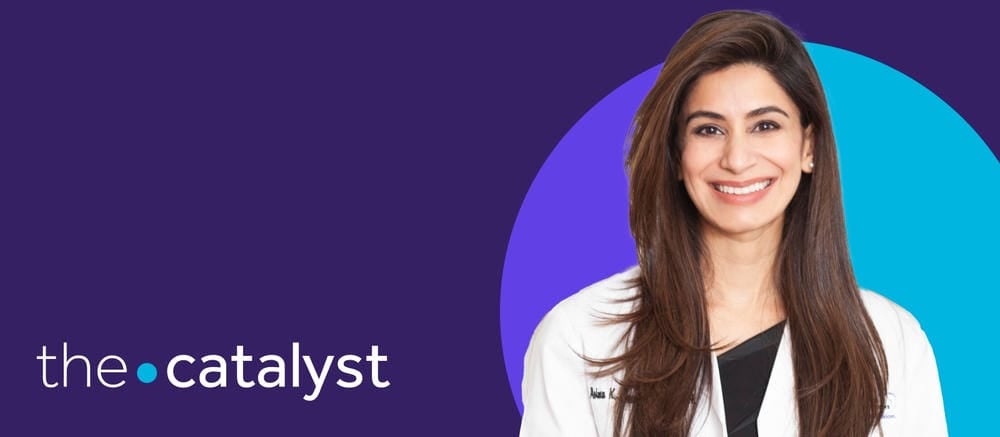 Asima Ahmad' portrait with a plum and aqua background and the words "the catalyst"