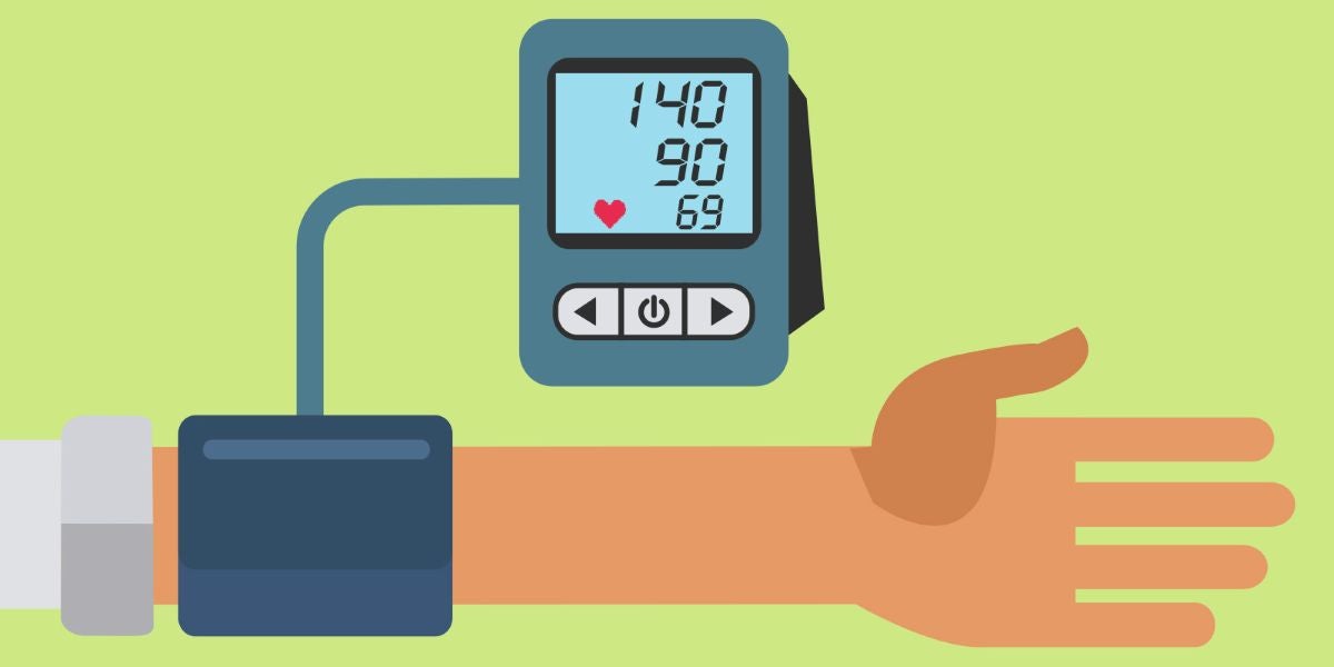 Illustration of an arm with a digital blood pressure monitor showing a reading of 140/90.