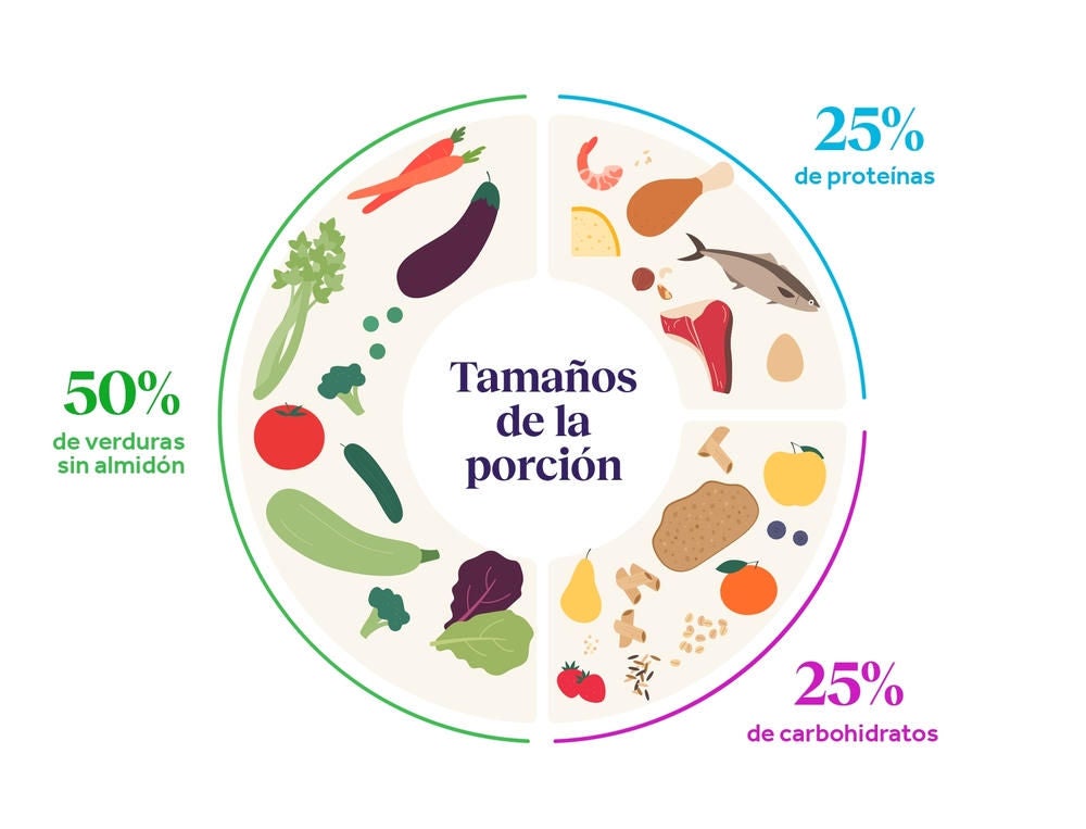 Plato que demuestra el tamaño de las porciones presentados con distintos porcentajes
