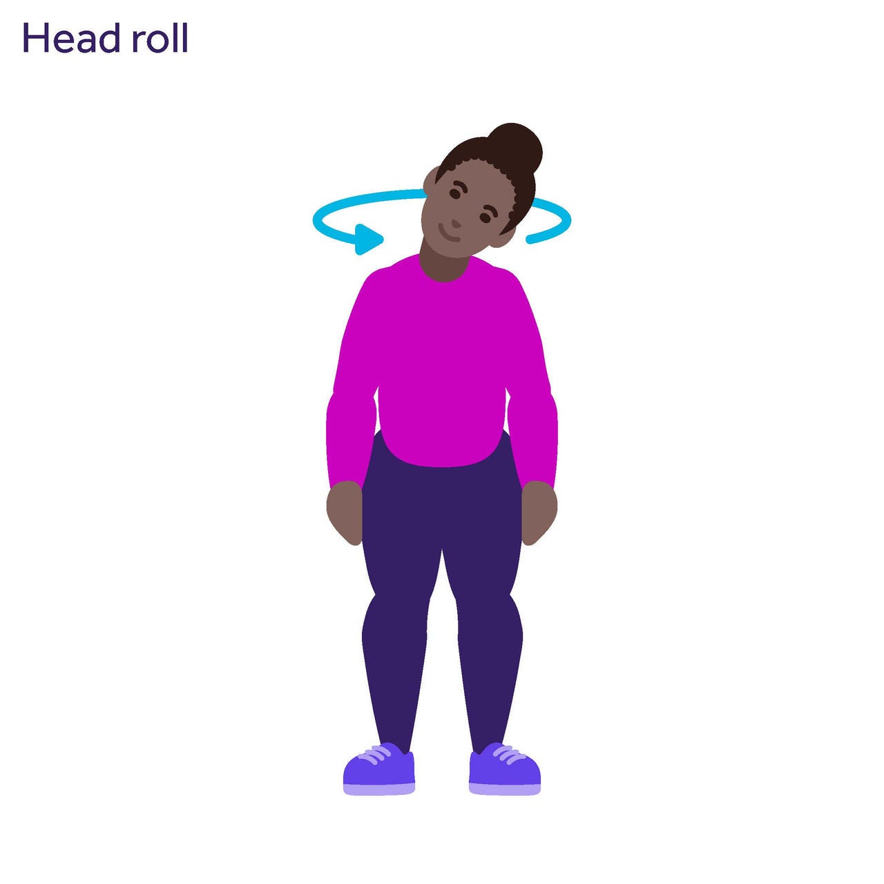Illustration of a woman doing head rolls, with her head tilted and a counterclockwise circular arrow around her head.