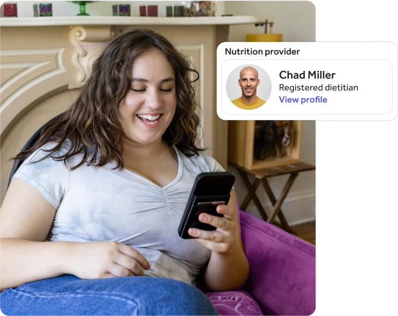 Alt text: Woman smiling at her computer on a purple couch, with an overlay of the Nutrition provider profile for Chad Miller, a registered dietitian.