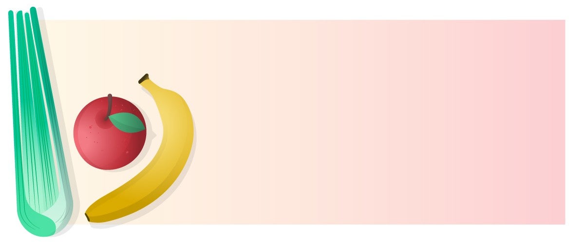 Illustration of a leek, red apple, and banana on a gradient pink and cream background.