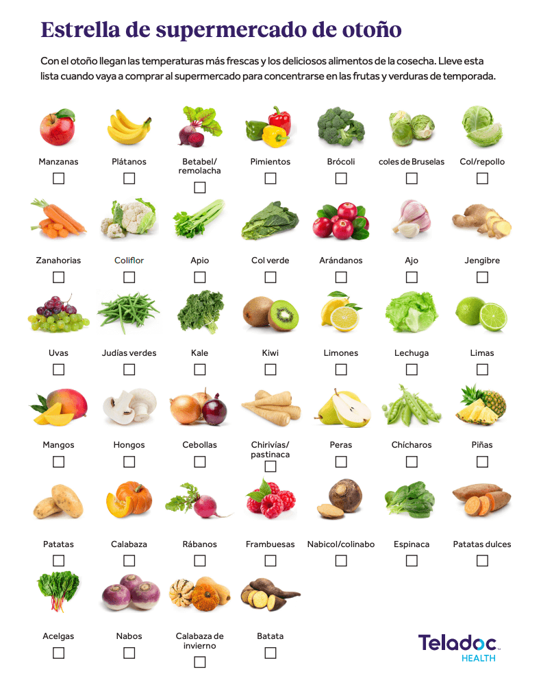 Lista de compras con frutas y verduras de otoño con imágenes y casillas de verificación