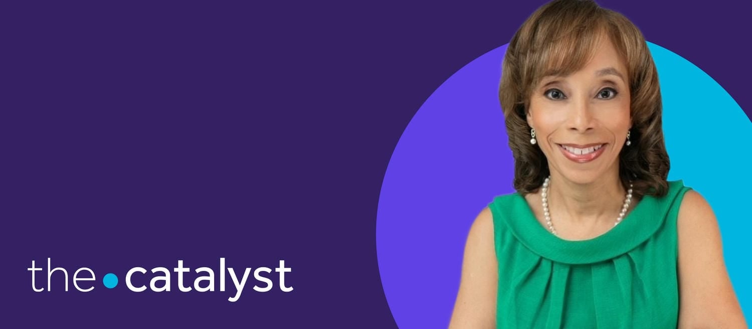 Dr. Christa-Marie Singleton portrait with plum and aqua background and the words "the catalyst"