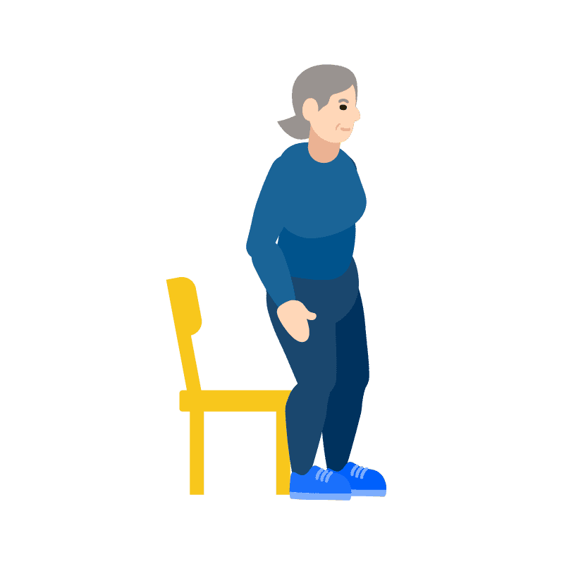 Una ilustración de una mujer mayor poniéndose de pie desde una silla amarilla, con las manos a los costados y expresión tranquila