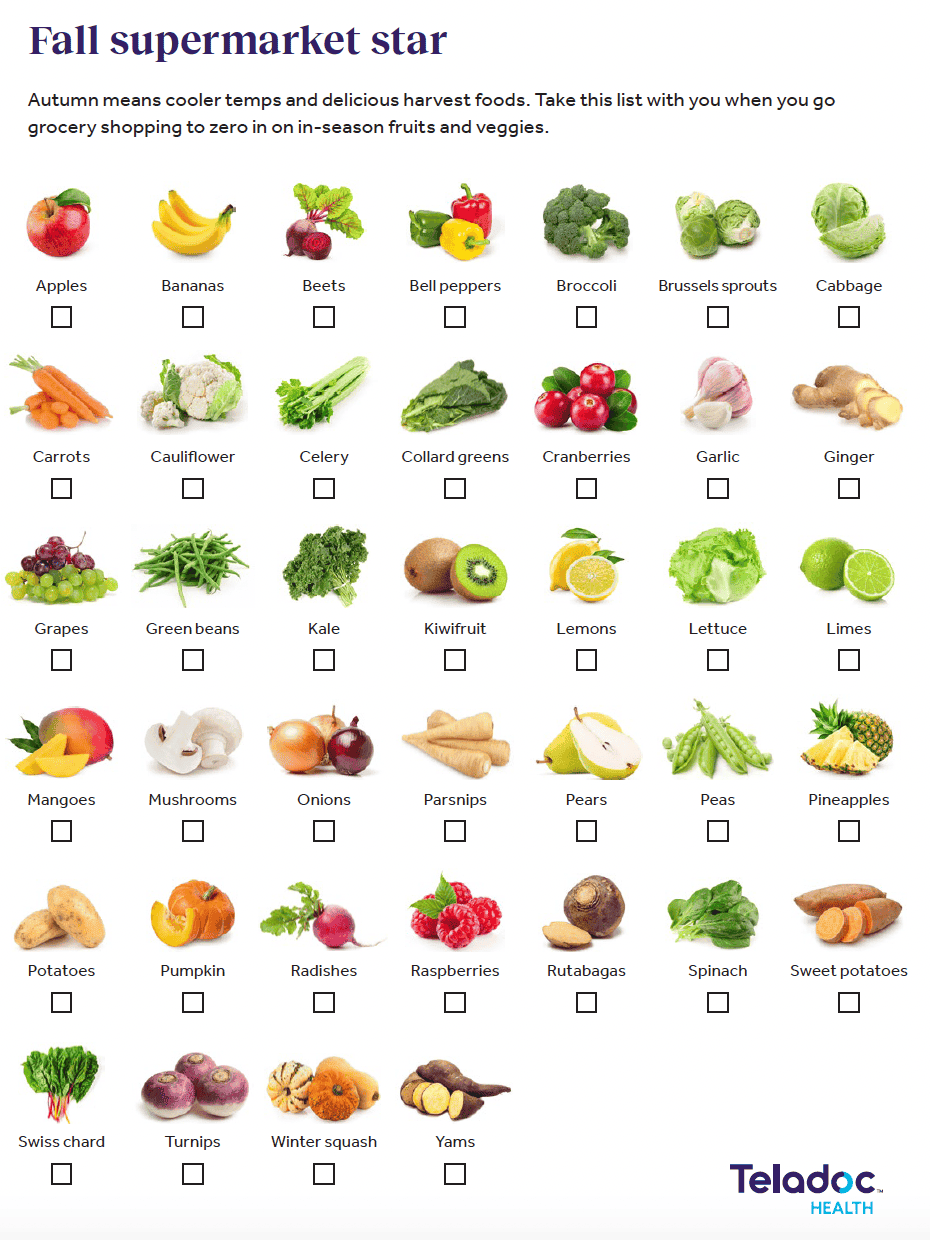 A grocery checklist of seasonal fall fruits and vegetables with images and checkboxes.
