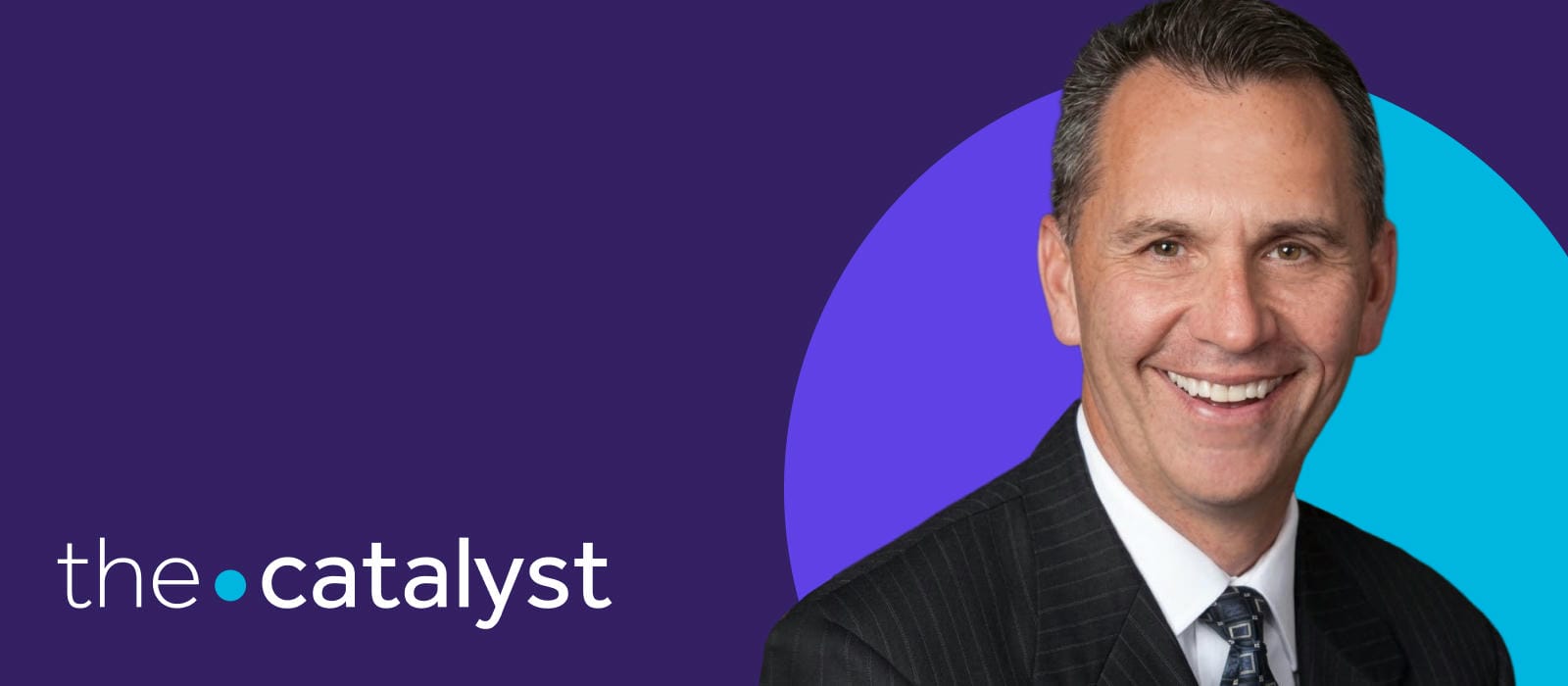Professional portrait of Pat Sir in a suit on a purple background, branded “The Catalyst.