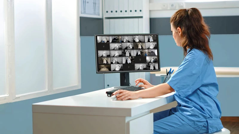 Nurse in blue scrubs at a desk monitoring a grid of patient room video feeds on a screen.