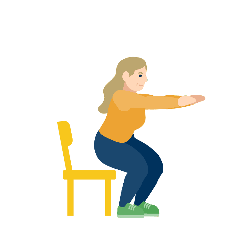  Mujer realizando un movimiento de sentadilla con los brazos extendidos hacia adelante, frente a una silla.