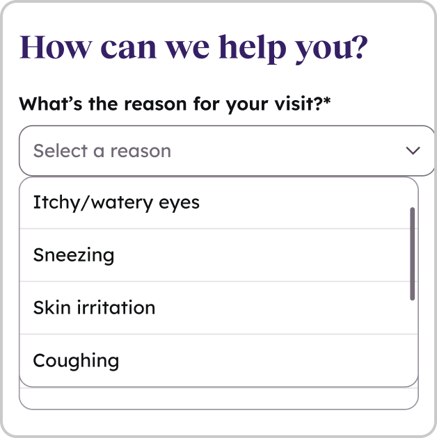 Illustration of symptom selection form for a virtual healthcare visit.