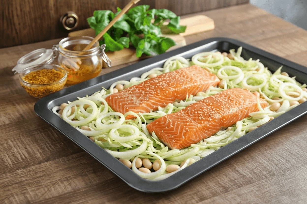 Sheet pan with salmon fillets, thinly sliced yellow onion and green cabbage and cannellini beans.
