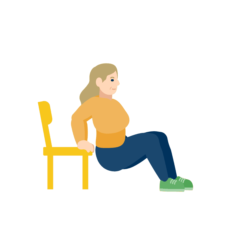 Una ilustración de una mujer realizando fondos de tríceps con las manos apoyadas en una silla amarilla y las rodillas flexionadas