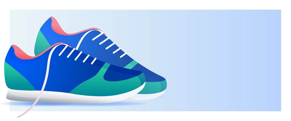 Illustration of blue and green athletic shoes with white laces on a light blue background.