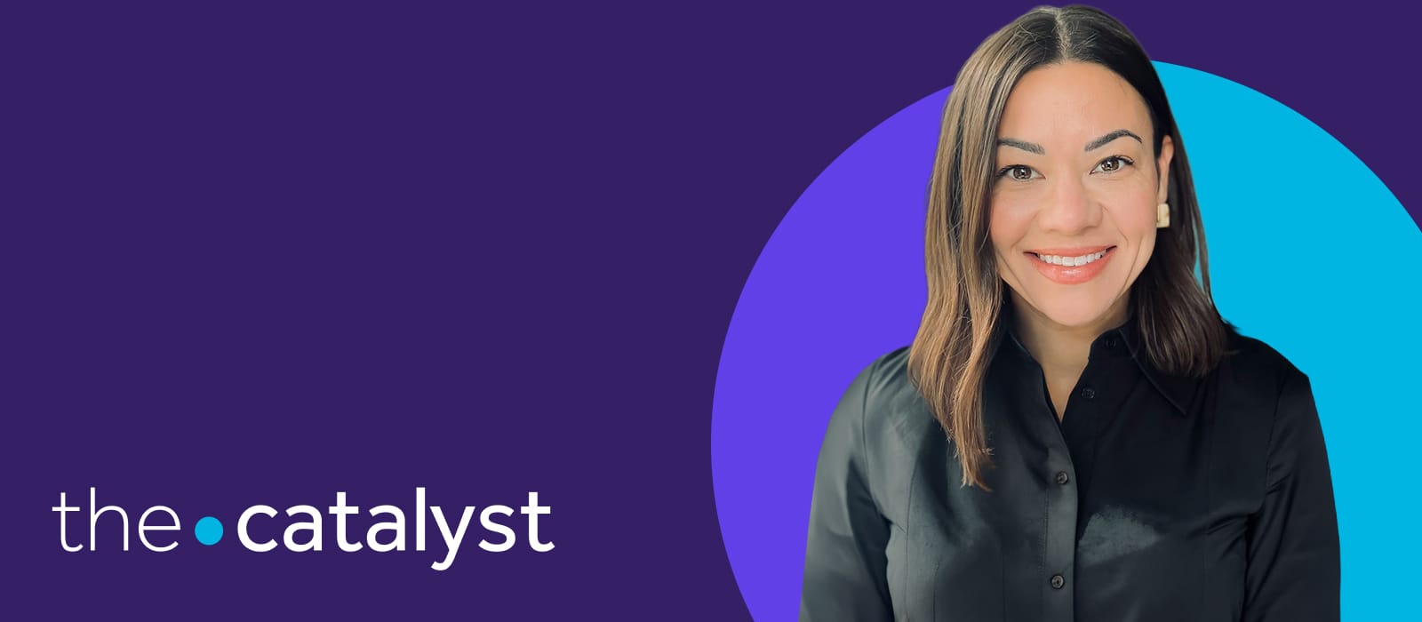 Julie Henry portrait with plum and aqua background and the words "the catalyst"