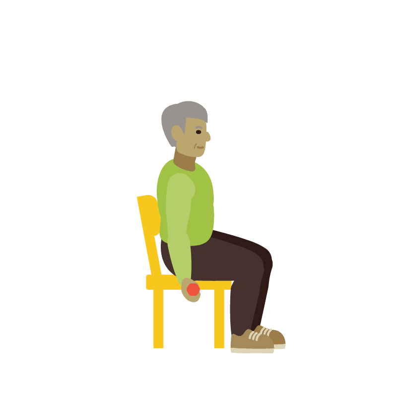  Ilustración de un hombre mayor sentado en una silla con una mancuerna en la mano, brazo extendido hacia abajo.
