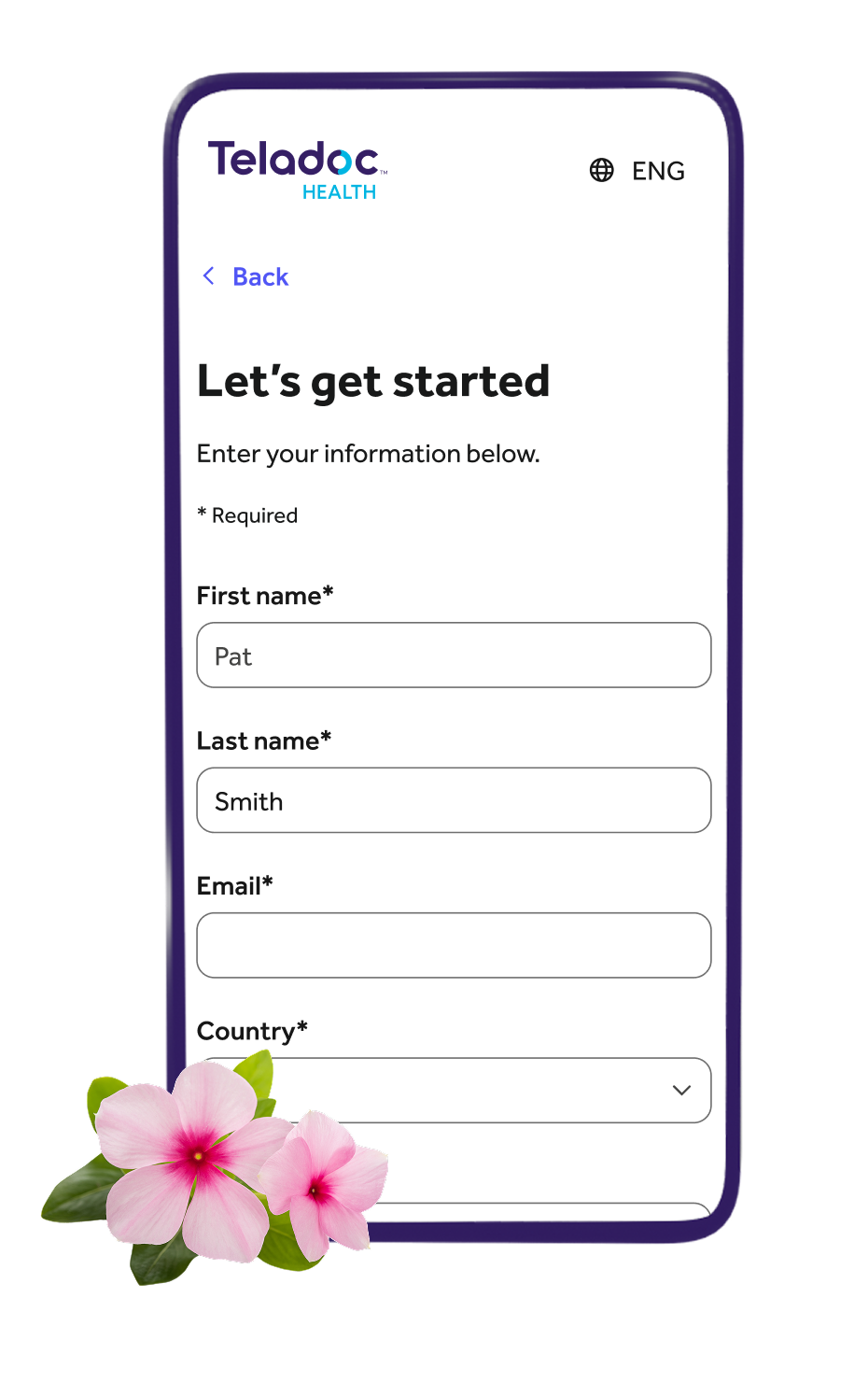 Mobile registration screen on the Teladoc Health app