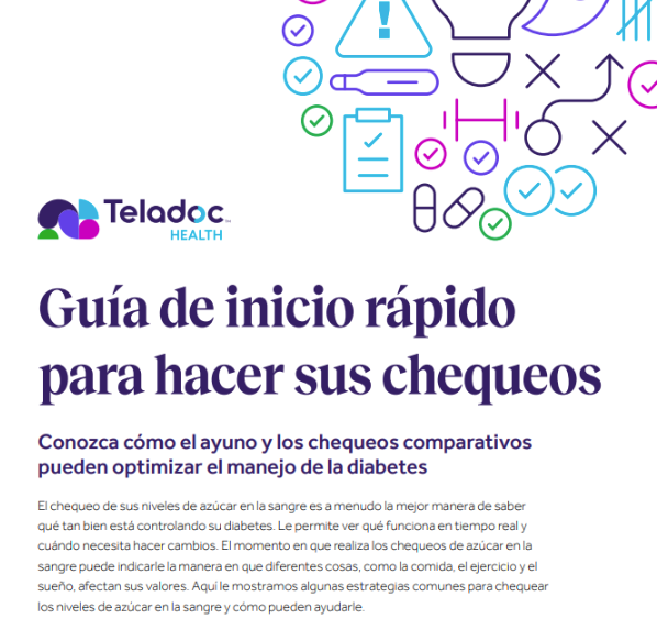 Guía de inicio rápido para hacer sus chequeos con íconos coloridos relacionados con salud y diabetes en la parte superior derecha