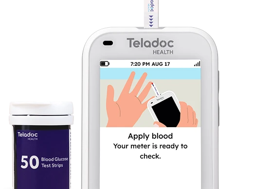 Teladoc Health blood glucose meter connected to a smartphone displaying blood test instructions.