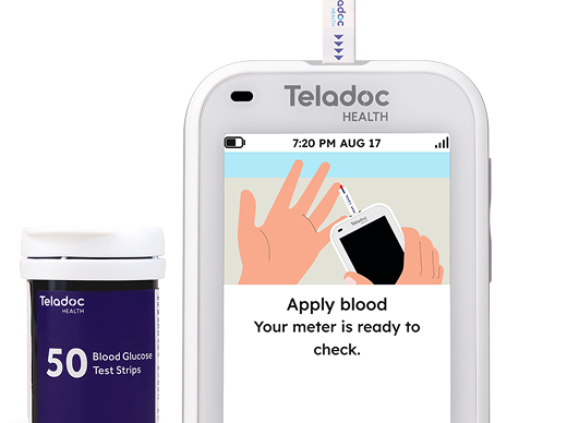 Teladoc Health blood glucose meter connected to a smartphone displaying blood test instructions.