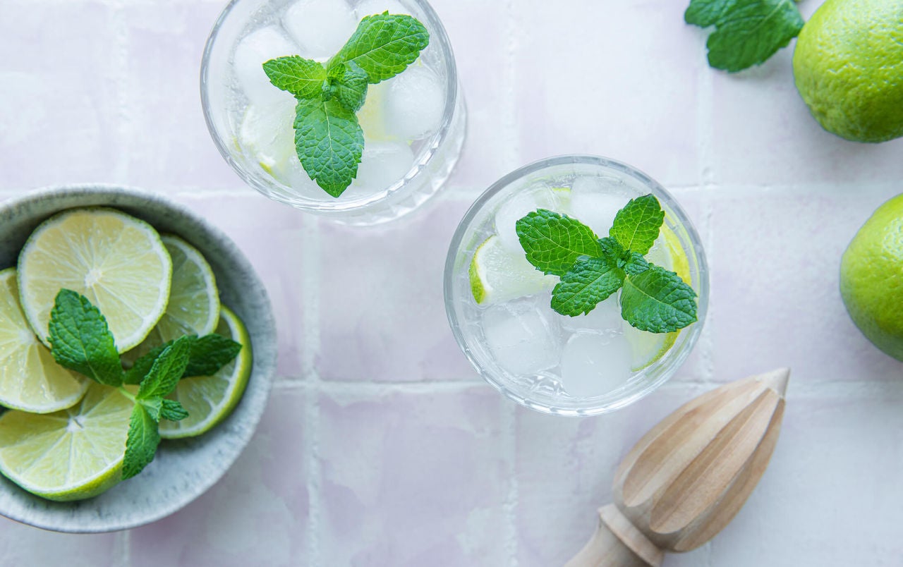 Glasses with seltzer, ice, lime slices and mint garnish.