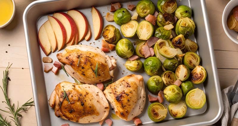 Sheet pan chicken with brussels and apples