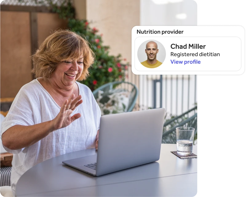Woman smiling at her computer, with an overlay of the Nutrition provider profile for Chad Miller, a registered dietitian.