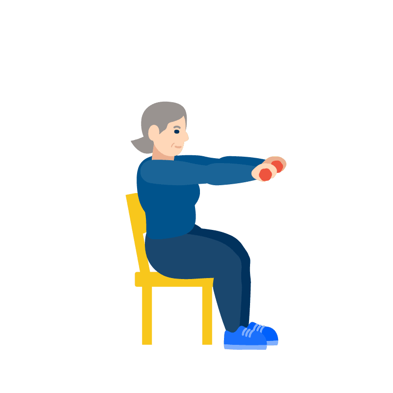 Ilustración de una mujer sentada en una silla levantando los brazos hacia adelante con pesas en las manos como parte de un ejercicio. 