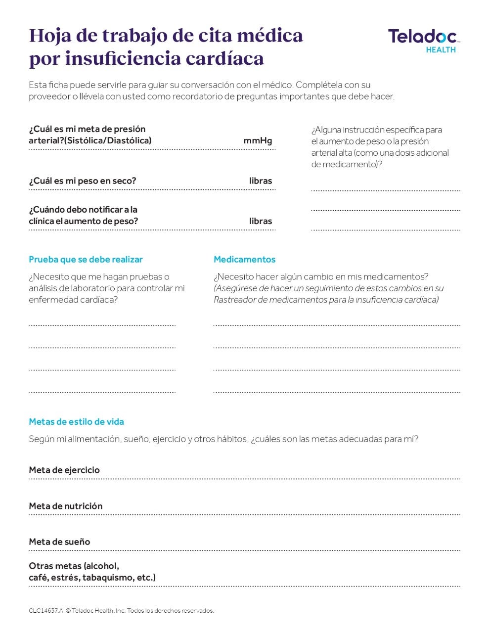 Hoja de trabajo de cita médica por insuficiencia cardíaca