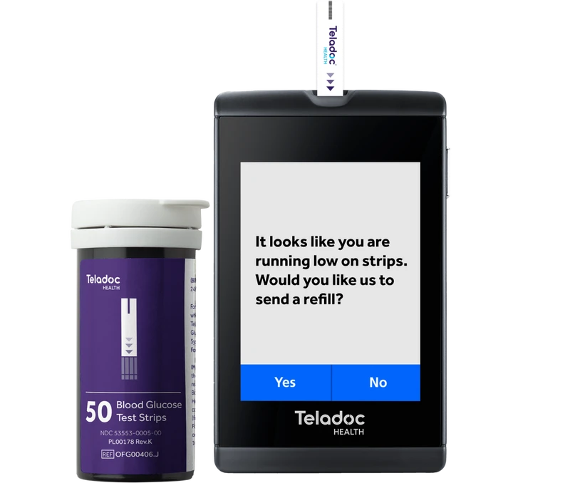 Teladoc Health blood glucose meter with message on the screen reading "It looks like you are running low on strips. Would you like us to send a refill?"