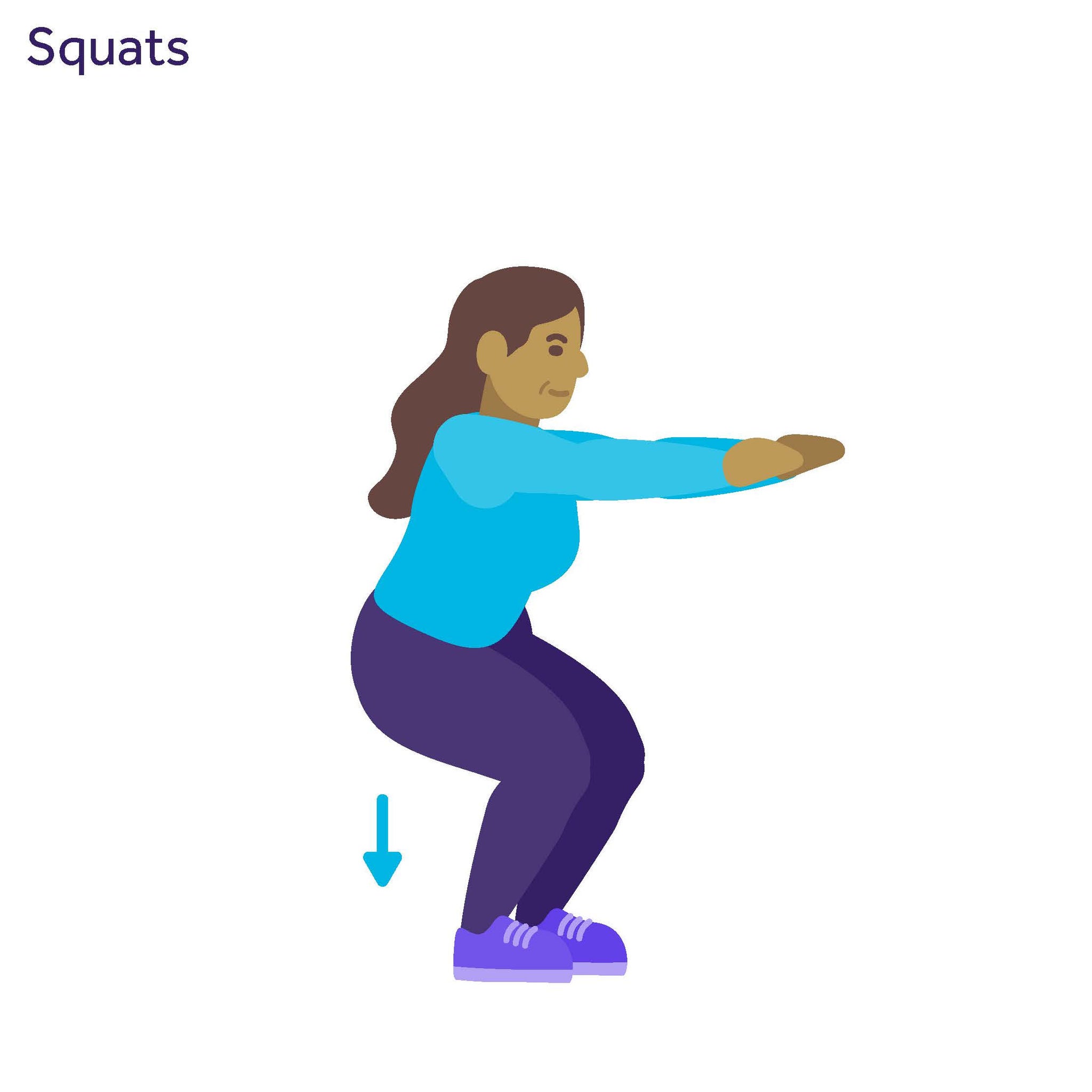 Illustration of a woman performing a squat with arms extended flat in front of her and knees bent.