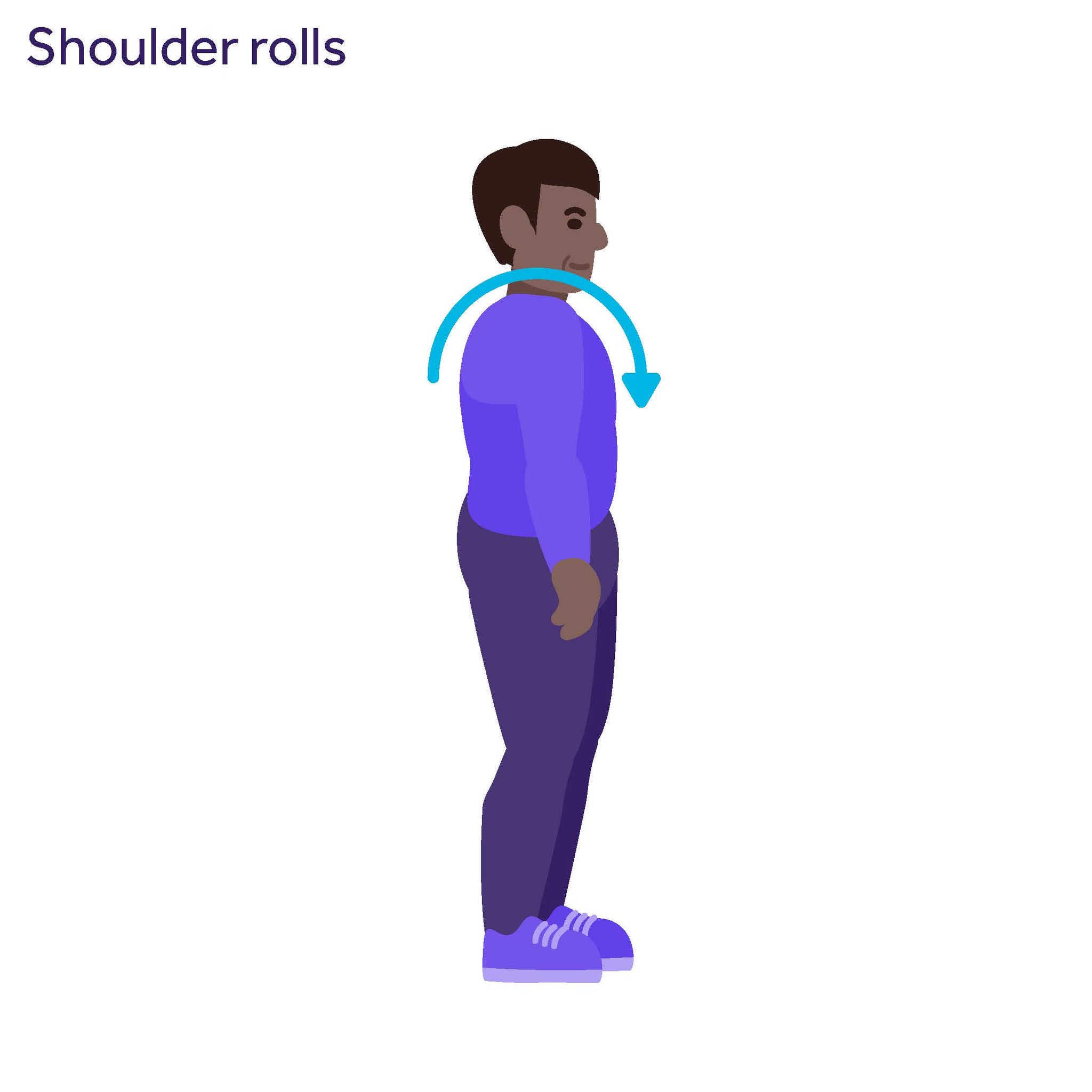 Illustration of a person doing shoulder rolls, with a semi-circular arrow going from behind shoulders to in front.
