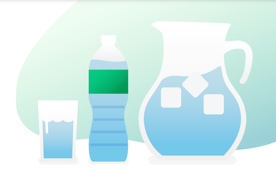 Illustration of a glass, a water bottle, and a pitcher containing water and ice cubes, set against a light green background.