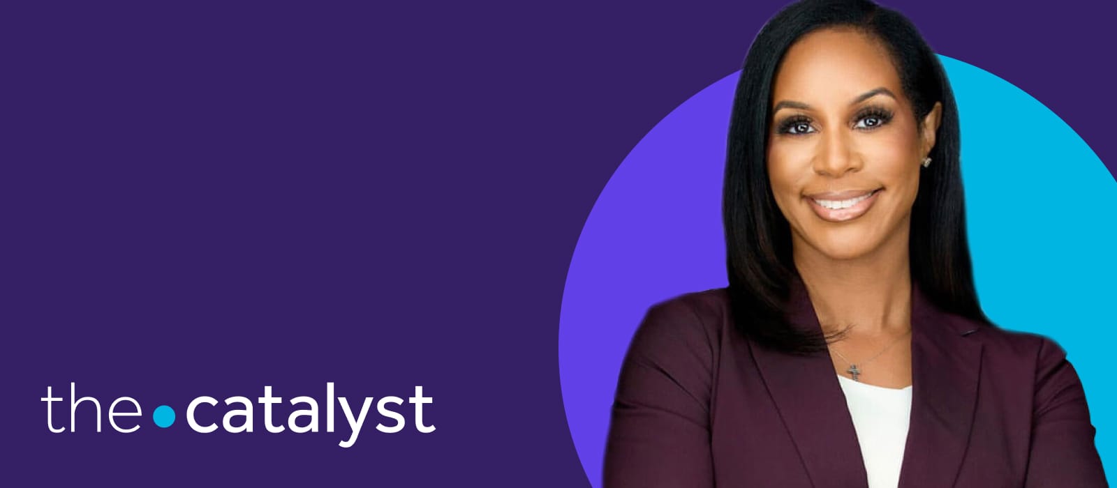 Jene Butler portrait with a plum and aqua background and the words "the catalyst"