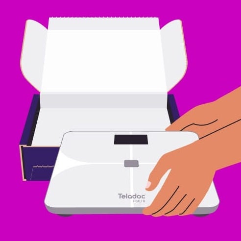 Hands setting up a Teladoc Health WM2000 weight scale against a purple background.