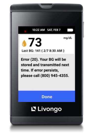 Image of a Livongo device screen with blood glucose readings and an Error code 20