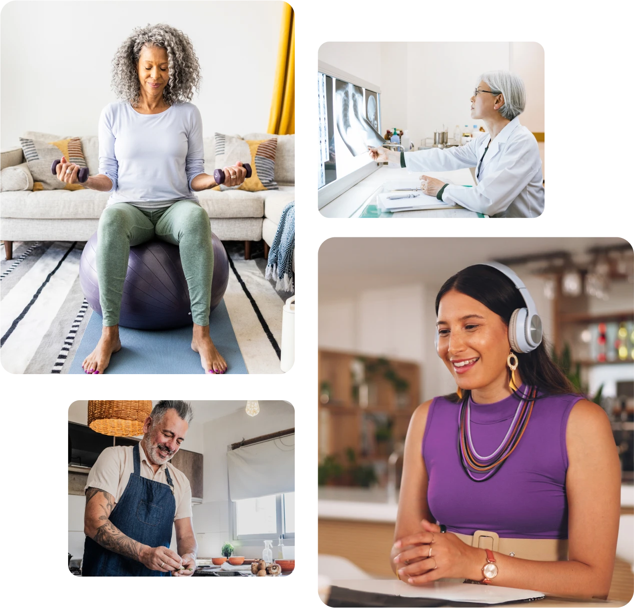 Four images of people doing different tasks