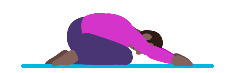 Illustration of a person performing child's pose with legs tucked under body, arms outstretched in front.