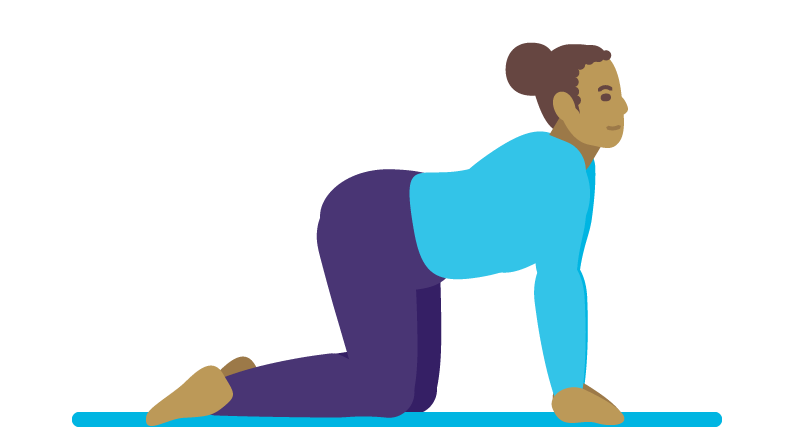 Illustration of a person performing a cow stretch on hands and knees with back arched downwards.
