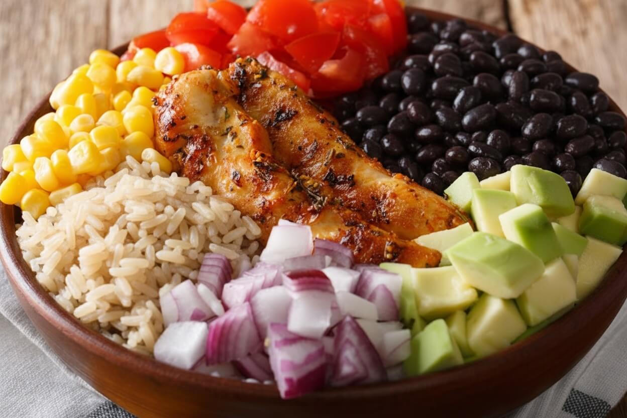 Taco bowl with rice, onion, avocado, black beans, tomato, corn and chicken.