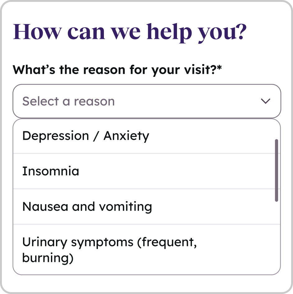 A screenshot of the app asking the user to select the primary reason for their virtual healthcare visit.