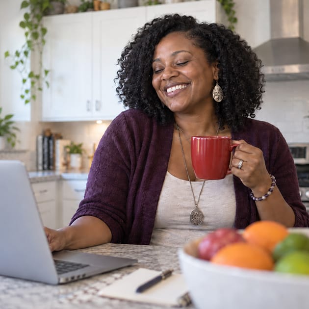 A woman sits in front of her laptop, holding a cup of coffee.