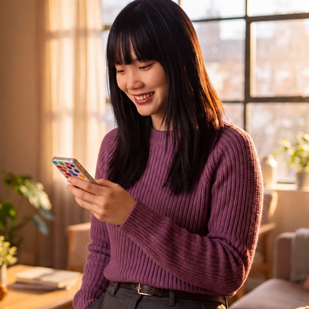 A young woman in a purple sweater looks at her phone.